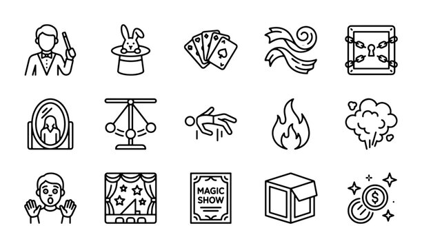 Magic Show Icons, Illusionist Symbols, Conjuring Elements, 15 Vector Graphics for Entertainment