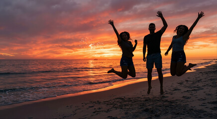 Fototapeta premium Silhouettes of three smiling friends jumping in the air on a sandy beach at sunset. Young adults celebrating summer vacation with ocean and distant fireworks in the background. 4th of July concept