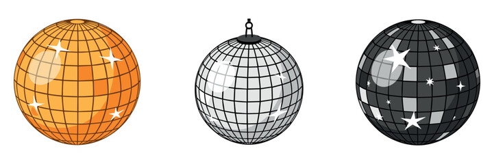 Obraz premium Three disco balls in gold silver and black on white background