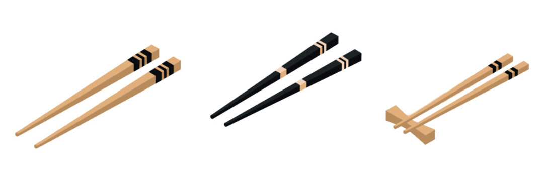 Wooden and black chopsticks placed with holder on white background