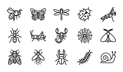 Insect Icons Set, Vector Graphics Collection: Bee, Butterfly, Dragonfly, Ladybug, Grasshopper, Ant, Scorpion, Spider, Moth, Beetle, Centipede, Snail © Emon