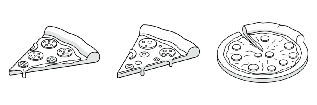Pizza slices and whole pizza illustrated on white background