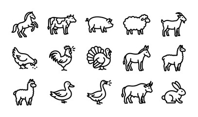 Fototapeta premium Farm Animal Icons Set, Livestock Vector Graphics, Countryside Creatures Collection