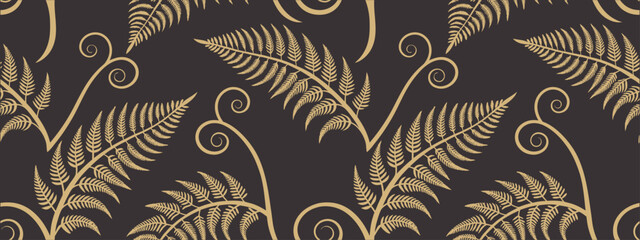 Luxury seamless fern leaf pattern with elegant gold botanical foliage on a dark background. Premium nature vector design. Perfect for fabric, wallpaper, wrapping paper, textile and surface prints. © KhanMinhazulIslam