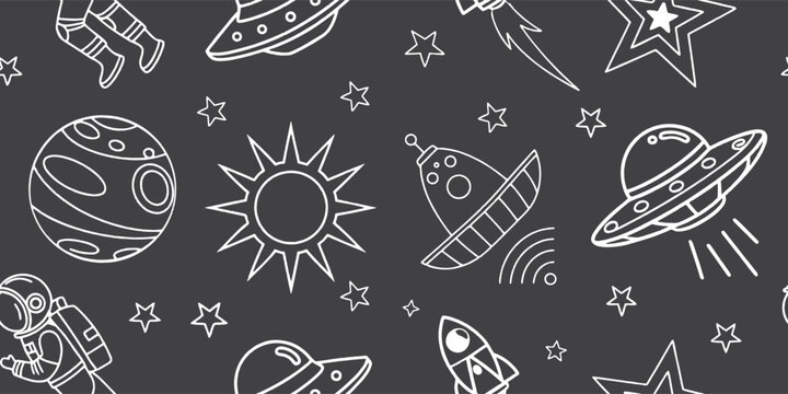 Cute space doodle seamless pattern featuring rockets, UFOs, planets, stars and astronaut line art. Fun cartoon vector background for kids, fabric and wallpaper.