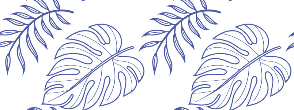 Elegant seamless tropical leaf pattern featuring monster and palm foliage in blue outline style. Minimal botanical vector background. Perfect for fabric, wallpaper, wrapping paper, textile .