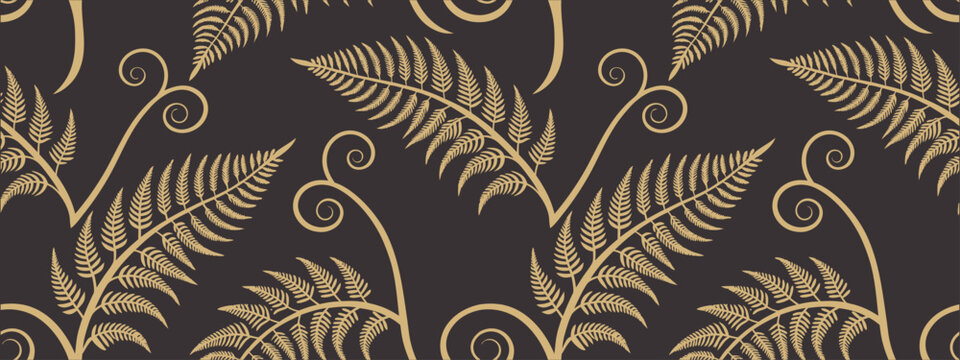 Luxury seamless fern leaf pattern with elegant gold botanical foliage on a dark background. Premium nature vector design. Perfect for fabric, wallpaper, wrapping paper, textile and surface prints.