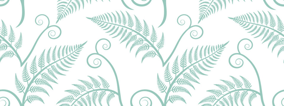 Elegant seamless fern leaf pattern with delicate botanical foliage in soft green outline. Nature inspired vector background. Perfect for fabric, wallpaper, wrapping paper, textile and surface design.