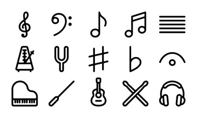 Music Icons Set: Treble Clef, Bass Clef, Notes, Metronome, Guitar, Headphones, Piano © Emon