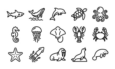 Marine Life Icons Set: Ocean Animals Vector Graphics, Sea Creatures Collection, Aquatic Wildlife Symbols © Rohan