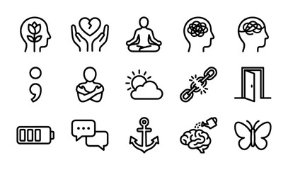 Fototapeta premium Mental Health Icons Set: Brain, Heart, Emotions, Therapy, Wellness, Mindfulness, Support, Growth
