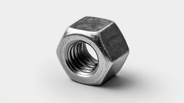 A detailed close-up view of a single metallic hex nut, showcasing its threaded interior and industrial manufacturing details