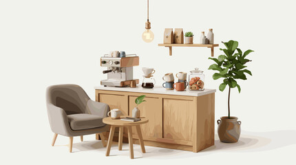 Fototapeta premium Cozy Coffee Corner with Espresso Machine Armchair and Pastries