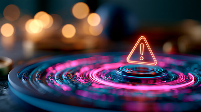 A glowing warning alert of a security breach on a vivid neon interface cyber risk compliance problem error detection data protection concept technology with copy space