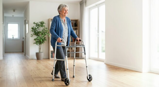 Elderly woman using a walker at home. Senior woman walking with mobility aid in a bright living room. Independent living concept