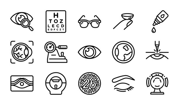 Ophthalmology Icons Set, Eye Care Symbols, Vision Health Equipment, Optometry Collection
