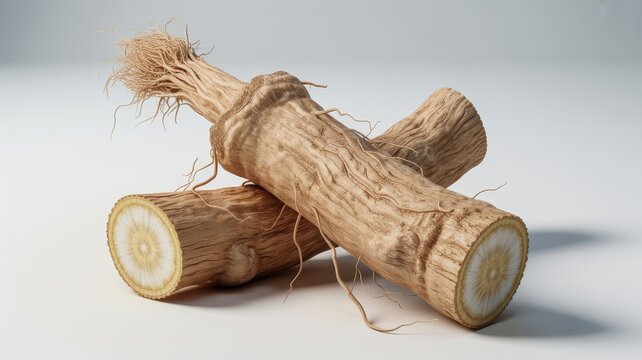 Ginseng root on white background, raw herbal medicine for wellness, organic panax ginseng roots with fibrous texture and cross section