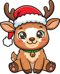 Fototapeta premium Cartoon reindeer with santa hat and bell vector illustration
