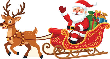 Fototapeta premium Santa Claus And Reindeer In Sleigh Vector Illustration