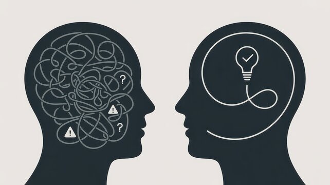 Conceptual psychology illustration of mental clarity, tangled thoughts versus organized logic in human profiles, cognitive therapy and problem solving
