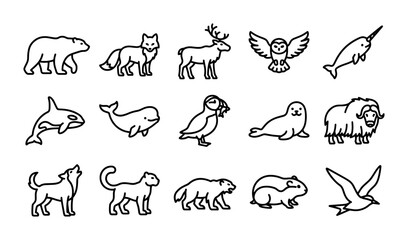 Arctic Animals Vector Icons Set, Wildlife Illustrations, Cute Mammals and Birds, Nature Graphics © sogir