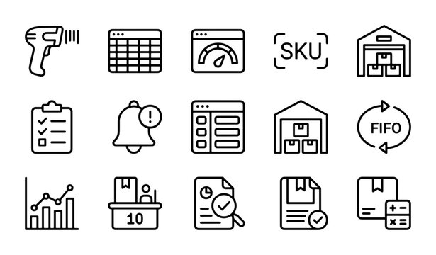 Warehouse Management Icons: Inventory, Logistics, Barcode Scanner, FIFO, SKU, Data Analytics