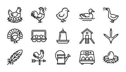 Farm Animal Icons Set, Poultry Vector Graphics, Chicken Coop and Egg Collection © sogir