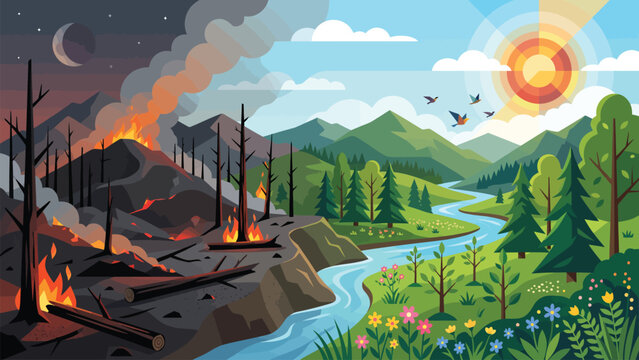 Illustrative depiction of a forest fire with smoke rising and flames consuming trees beside a windin