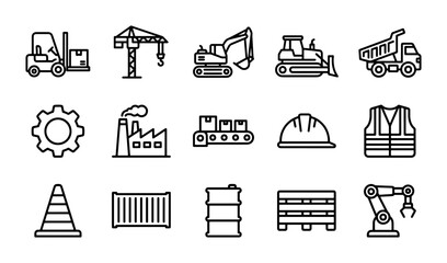 Construction and Industry Icons Set: Heavy Machinery, Logistics, Safety Gear, Vector Graphics © Robiul