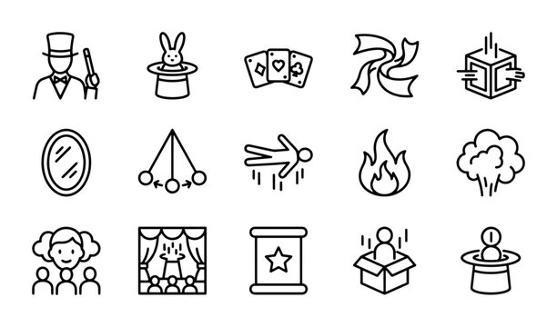 Magic Show Icons Set: Illusion, Performance, Mystery, Entertainment, Tricks, 15 Vector Elements