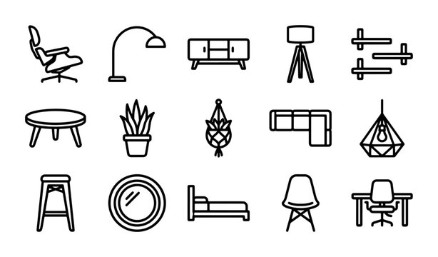 Modern Furniture Icons Set, Minimalist Home Decor Vector Graphics, Interior Design Elements Collection