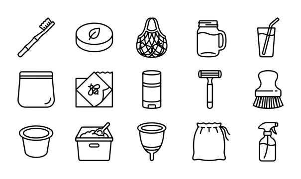 Eco-Friendly Zero Waste Icons Set, Sustainable Lifestyle Vector Graphics, Reusable Personal Care Objects
