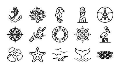 Nautical Icons Set: Marine Life, Ships, and Coastal Elements Vector Collection © Ripa