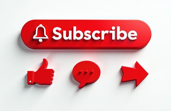 Red social media buttons for subscribe like comment and share are on white background. Get more viewers with these interaction icons. Use for content creators. Grow your channel.
