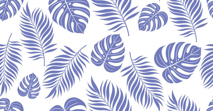 Seamless tropical leaf pattern featuring monster and palm foliage in elegant blue botanical style. Perfect for fabric, wallpaper, wrapping paper, packaging and surface design. Modern nature inspired .