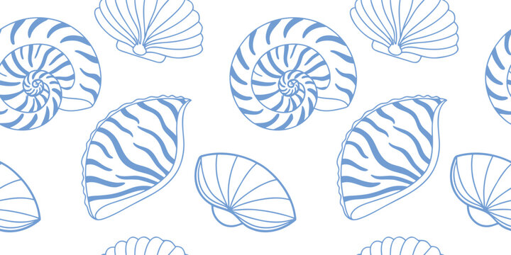 Seamless seashell outline pattern with hand drawn spiral and scallop shells on white background. Coastal marine repeating texture for fabric, wallpaper, packaging and vector design.