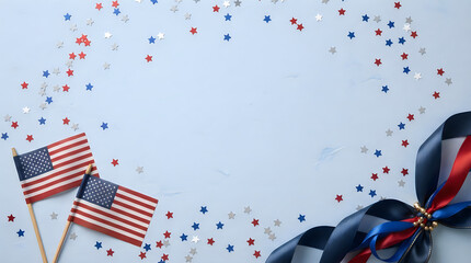 Fototapeta premium Labor day patriotic celebration american flags ribbons and confetti on blue background