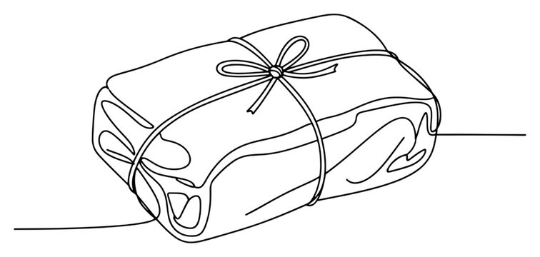 Parcel package wrapped and tied with string for delivery in minimalist continuous line art style