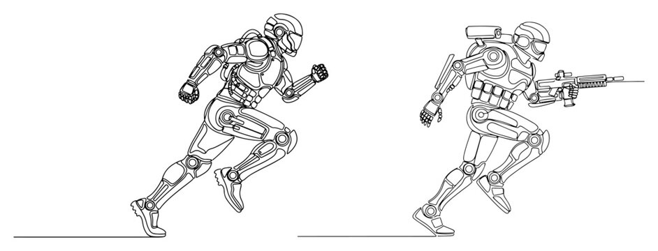 Futuristic robotic soldiers running in combat action in line art style
