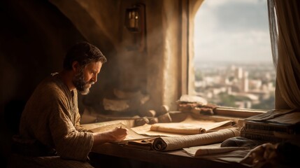 Obraz premium Daniel studies the sacred scrolls with wisdom and devotion, seeking understanding of God’s Word as light fills the room and hope rises for His people.