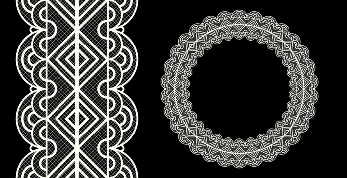 Seamless realistic textured lace border round frame isolated on black. Vintage crochet embroidery frame. Classic ornament border trim ribbon line. Vector illustration