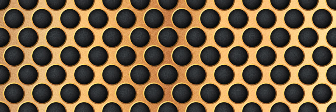 Golden seamless perforated metal sheet realistic texture. Metal chrome grill plate with round holes. Modern design carbon radiator bg. Macro speaker radiator. Vector illustration
