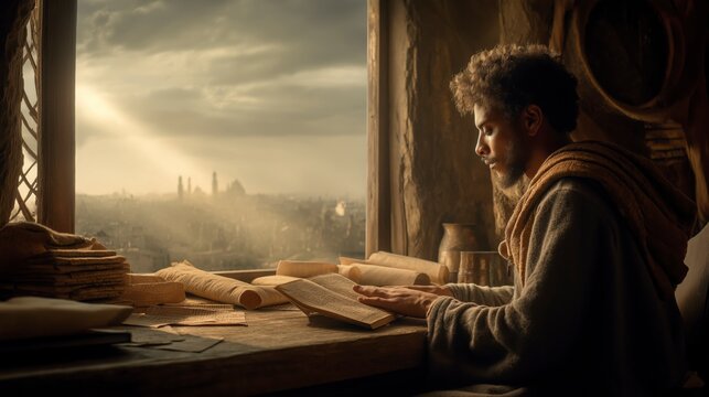Daniel studies the sacred scrolls with wisdom and devotion, seeking understanding of God&rsquo;s Word as light fills the room and hope rises for His people.