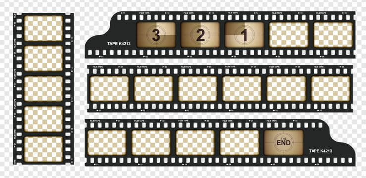 Vintage movie film long strip template pack isolated on transparent background. Cinema and filmmaking overlay with brown old filter. Retro video cinema or photograph camera screen. Vector illustration