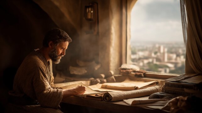 Daniel studies the sacred scrolls with wisdom and devotion, seeking understanding of God&rsquo;s Word as light fills the room and hope rises for His people.