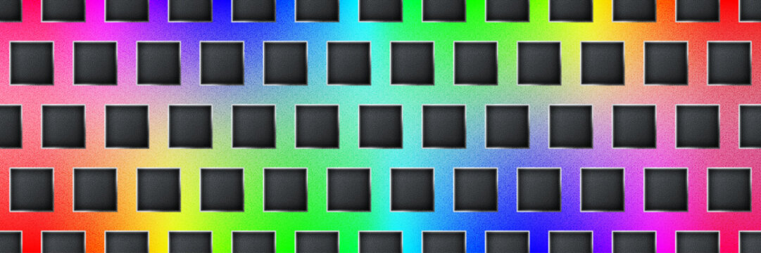 Steel rainbow seamless perforated metal sheet realistic texture. Metal chrome grill plate with squares holes. Modern design carbon radiator bg. Macro speaker radiator. Vector illustration