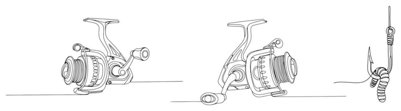Fishing reels and bait hook with worm in line art style