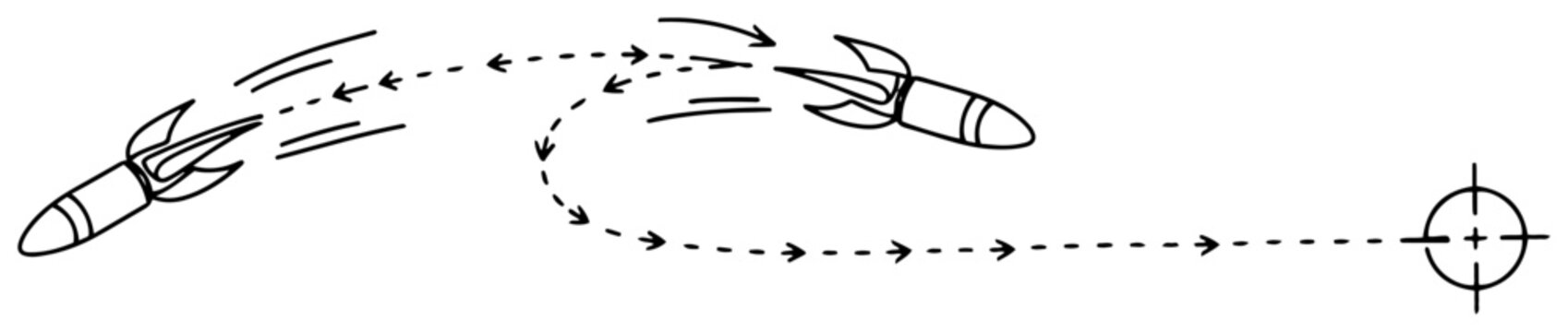 Missile rockets following flight path trajectory to target in line art style