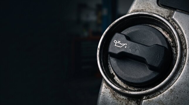 Close-up of dirty car engine oil filler cap. Automotive maintenance, mechanic service, and motor repair background with dark copy space.