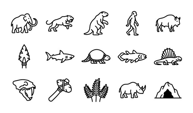 Prehistoric Animals and Tools Vector Icons Set, Ancient Life Mammoths, Dinosaurs, Caveman Icons